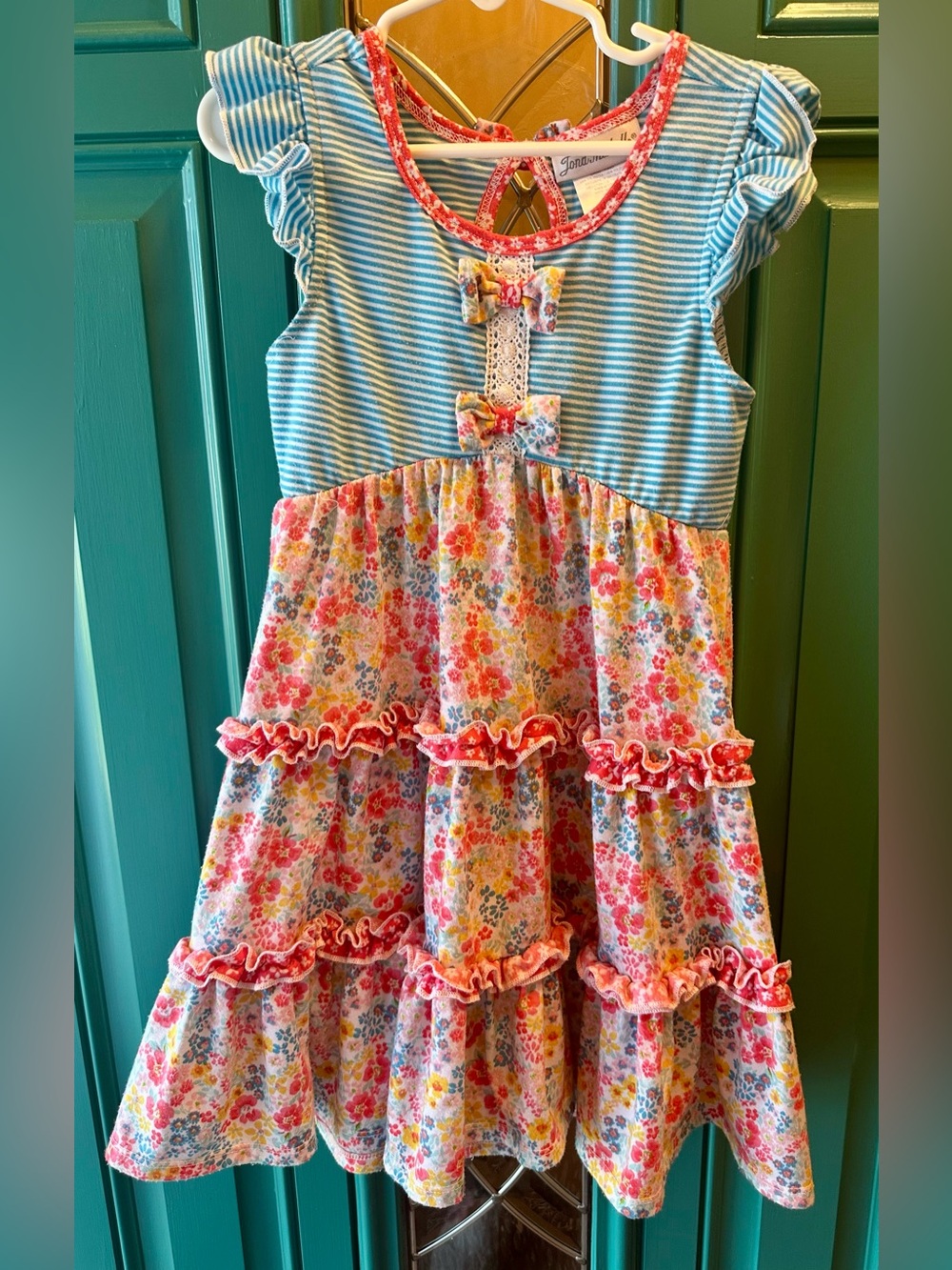 Jona Michelle Striped and Floral Tiered Girls Dress